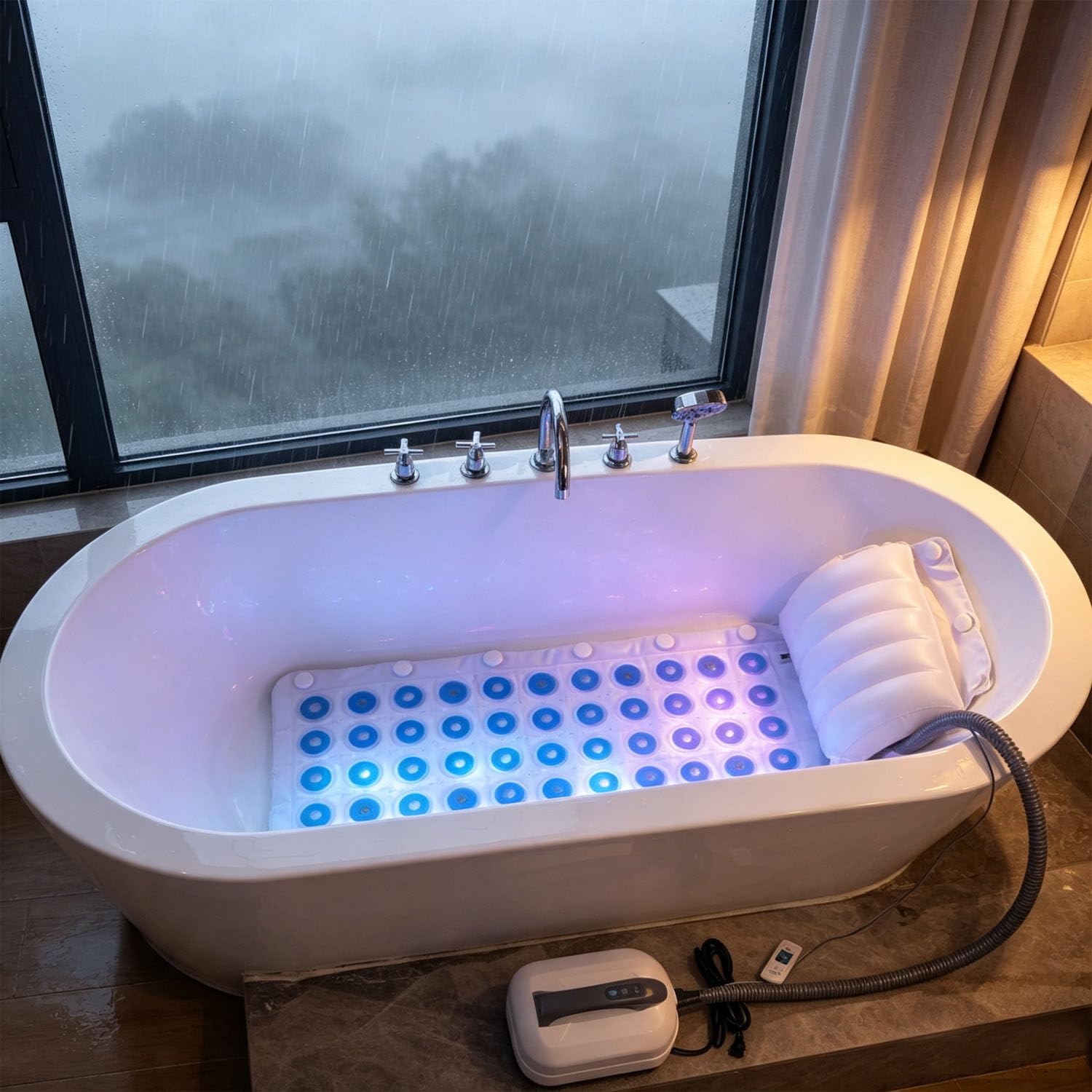 DowPie Foldable LED Bubble Bath Spa Mat, Adjustable Mat with Neck Rest 110v