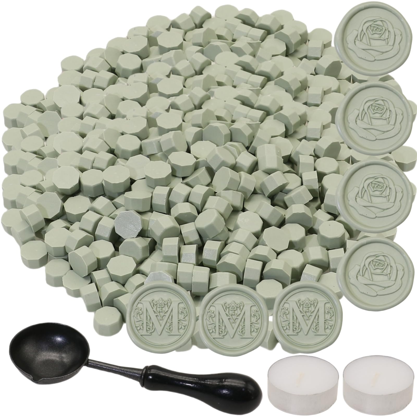 300Pcs Wax Seal Beads Set with Non-Slip Melt Spoon and Candles, Sage Green Sealing Wax Pellets Bead Great for Seals Stamp, Wedding Invitations, Xmas Gift, Envelope Seal (Sage Green)