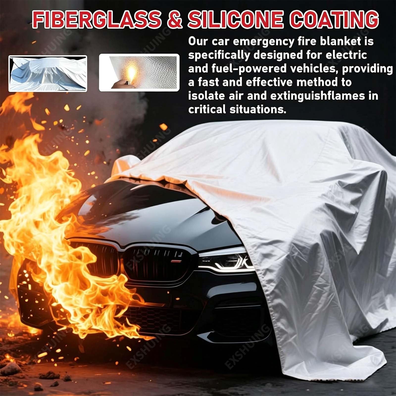 Manta Ignífuga Para Vehículos Eléctricos, Manta Ignífuga De Emergencia Para Vehículos, Retardante De Llama De Clase A, Corta El Oxígeno Instantáneamente, Resiste 1100 °C | Silicone Cloth,2 x 3 m