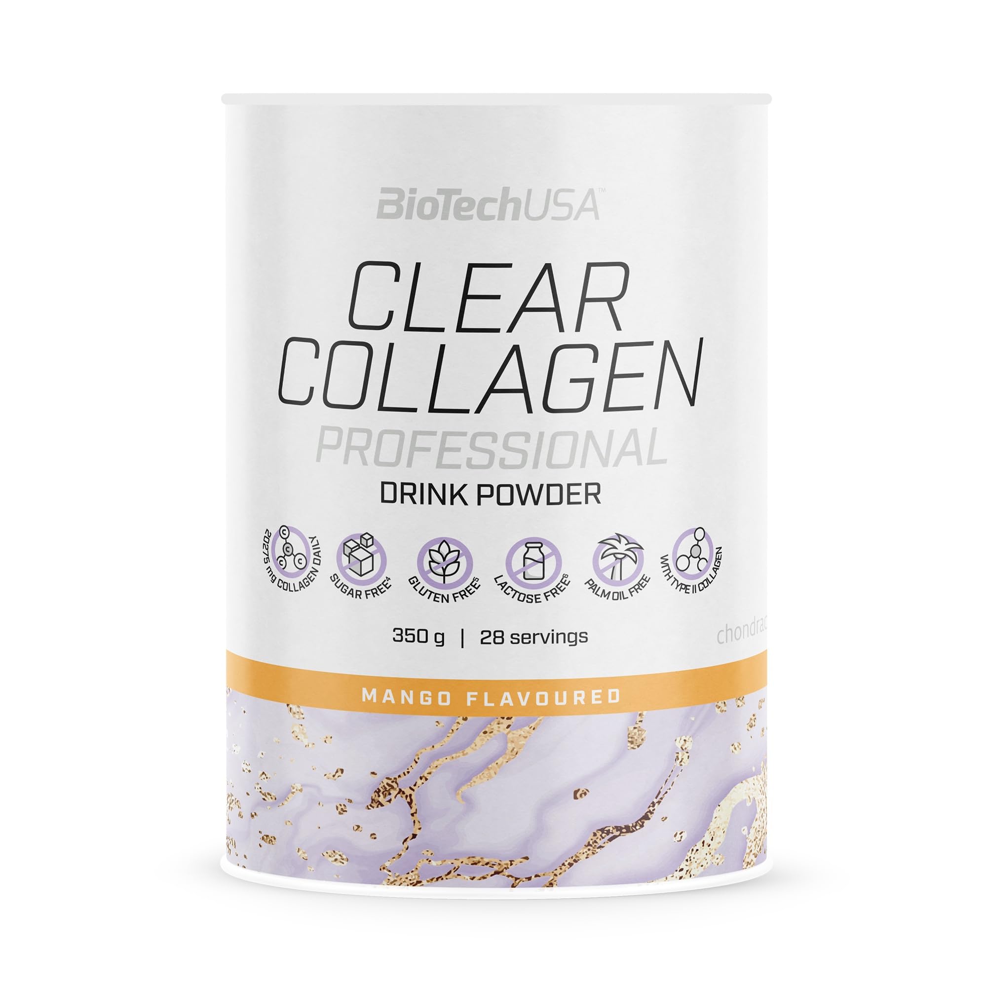 BioTechUSA Clear Collagen Professional | Boisson en poudre aromatisée | 20,275 mg de collagène de type I et II | Acide hyaluronique | Vitamines et minéraux | Sans sucre, 350g, Mangue
