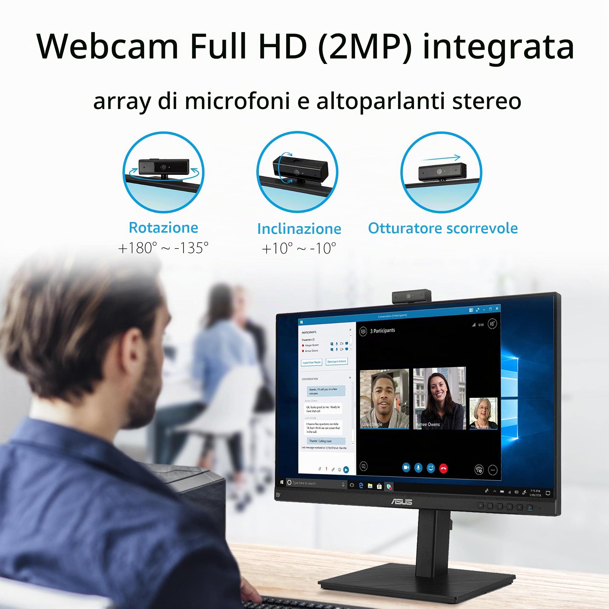 ASUS BE24EQSK, Monitor per Video Conferenze da 23,8" IPS Full HD, Nero | Design Senza Cornice, Webcam FHD, Porta per il Microfono e HDMI, Altoparlanti, Tecnologia Eye Care e Anti-Sfarfallio