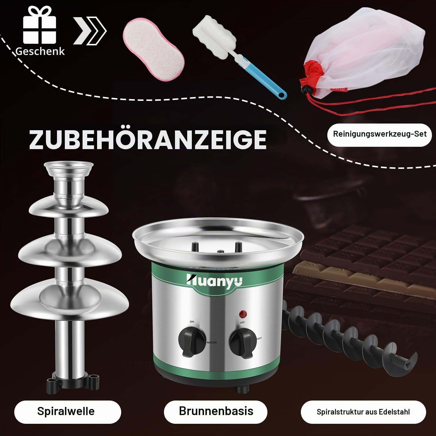 Huanyu 4-stufiger Schokoladenbrunnen, große Fondue-Sets für Schokolade, elektrische Schokoladenbrunnenmaschine, Schokoladenfondue-Set für Party, Hochzeit und Geburtstag