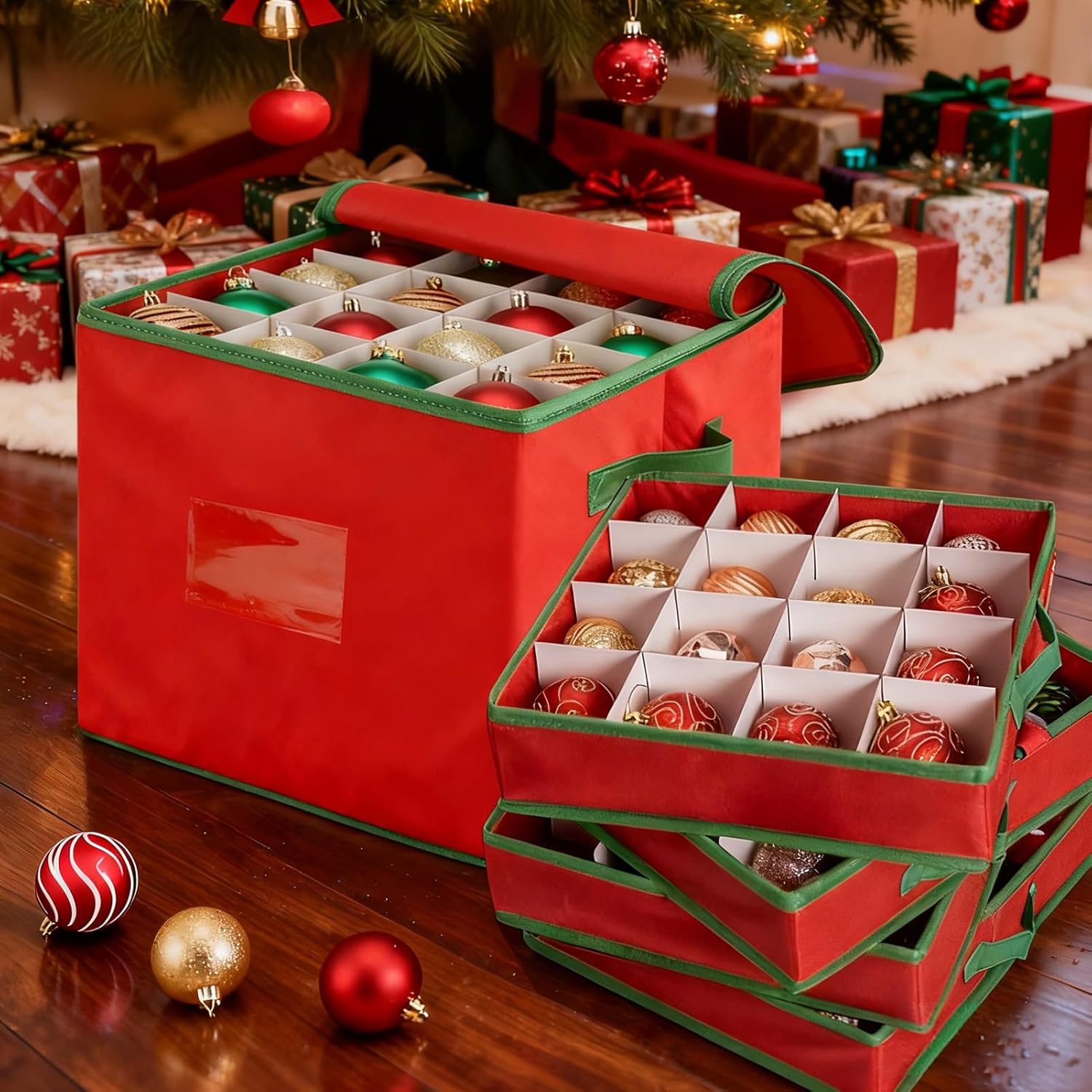 Christmas Ornament Storage Box, Xmas Storage Container Up To 64 Ornaments Decoration Balls With 4 Separate Removable Trays,Red Oxford Canvas Holiday Storage Case With Lid For for Xmas Storage - Image 4