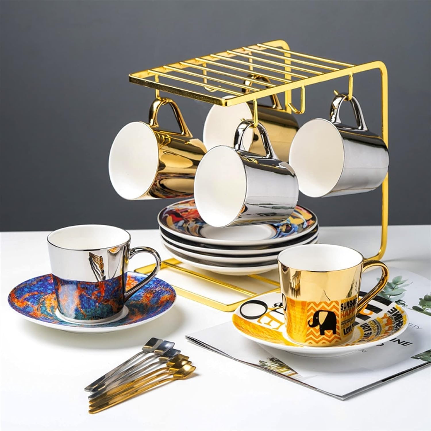Tazas De Cafe Juego De Tazas Y Platillos Té, Café Con Reflejo Espejo, Agua Vidrio, Utensilios Creativos(Peacock Blue)