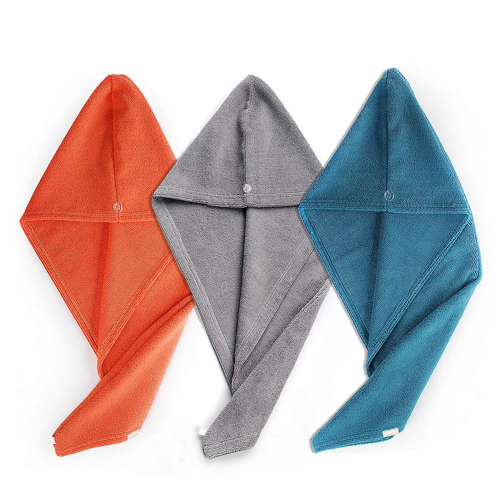 SINGINGLORY 3 Pack Hair Towel Wrap, Microfiber Hair Turban with Button, Dry Hair Hat, Bath Shower Cap Drying Towel 10 inch X 26 inch (Grey & Orange & Blue)