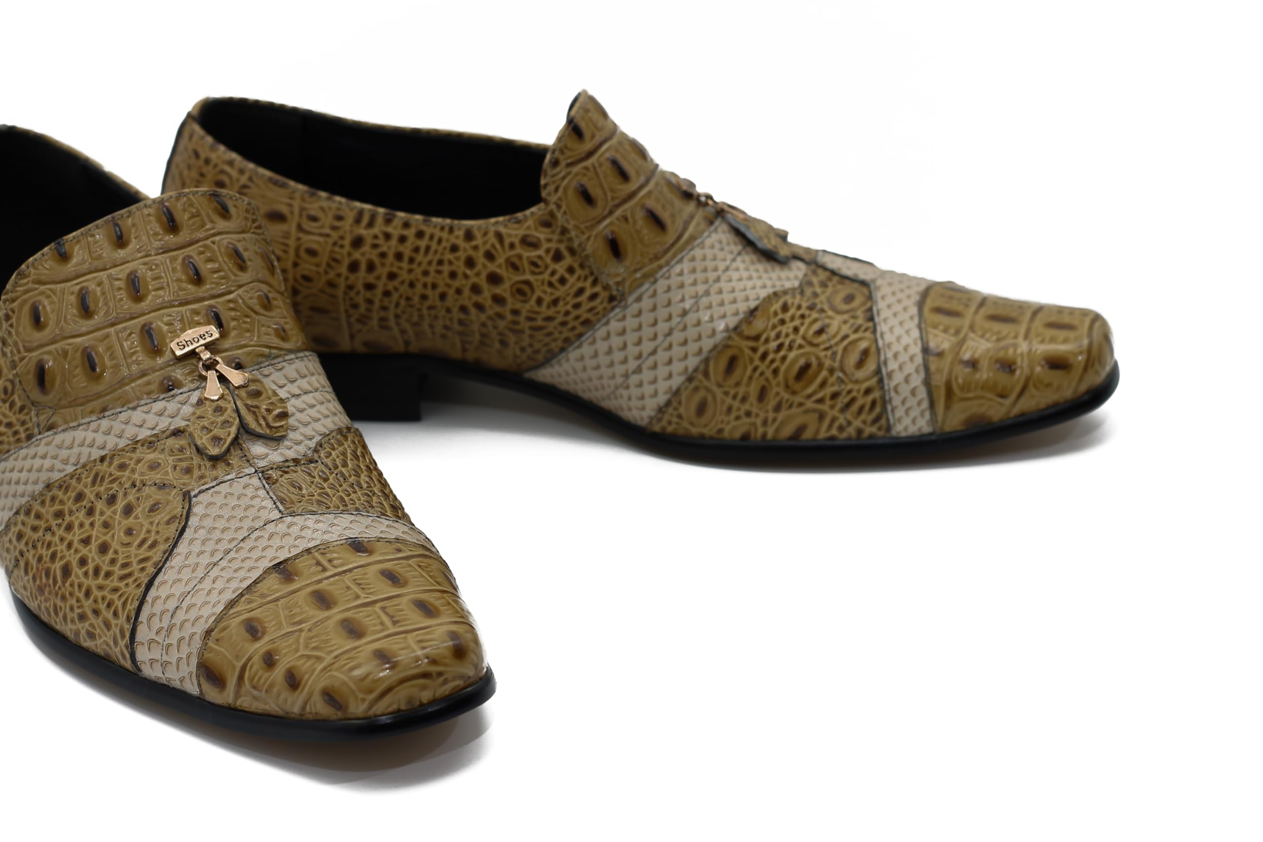 Mocasines con Estampado de Piel de Serpiente Pulida de Cuero auténtico Beige de 2 Tonos para Hombre Zapatos sin Cordones para Vestido de Fiesta