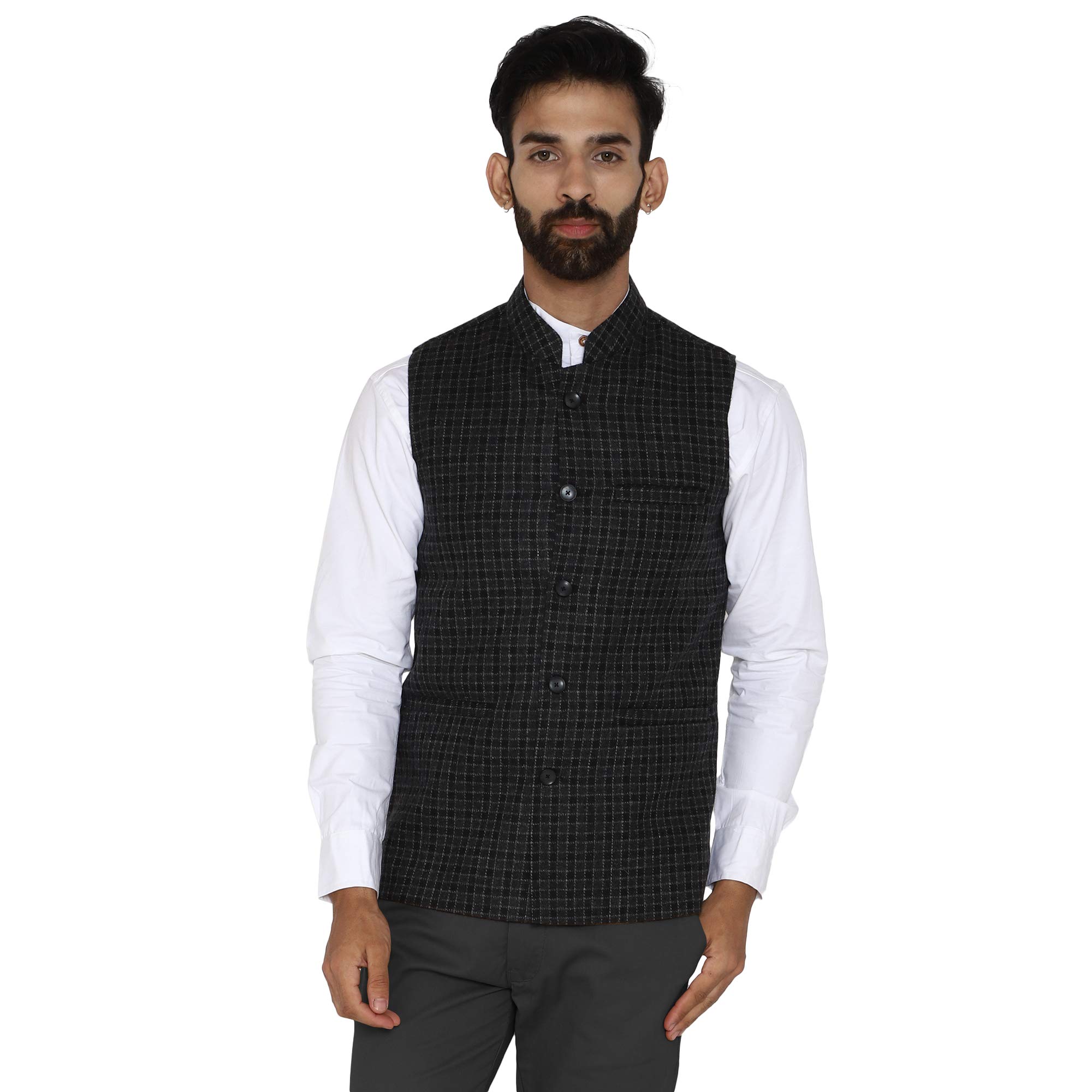 Men's Black Grey Royal Stewart Wool Tweed Check Bandhgala Ethnic Nehru Jacket-image-33