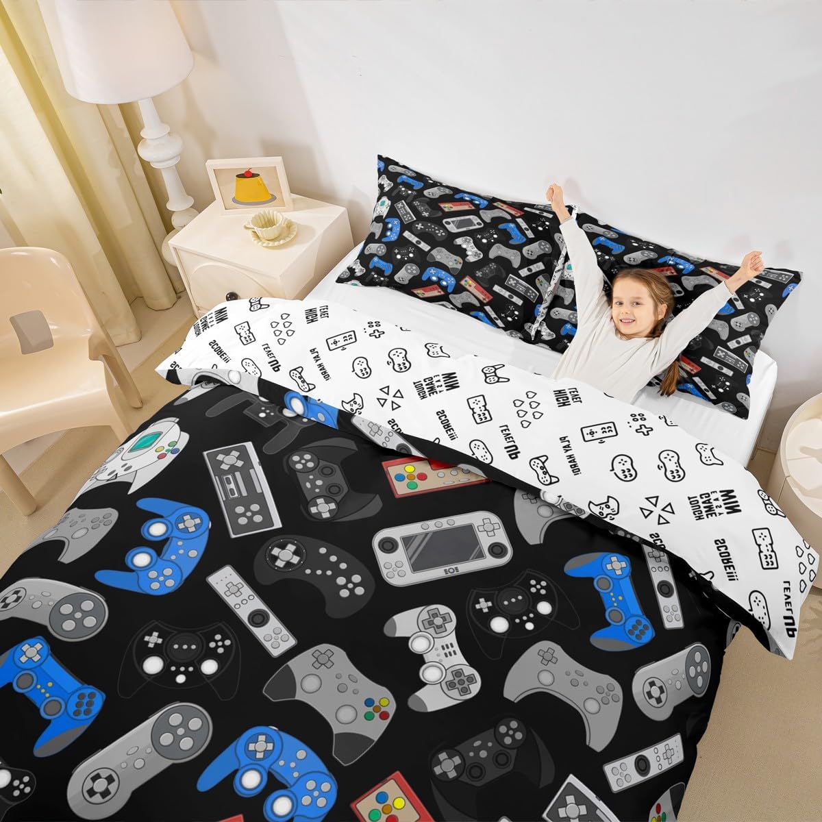 Erosebridal Teens Gamepad Duvet Cover Modern Gamer Comforter Cover King Size for Kids Boys Children Video Game Bedding Set Player Gaming Joystick Bed Set Gaming Room Decor (NO Filling)
