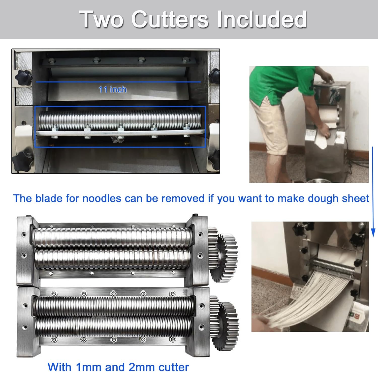 Commercial Pasta Makers Electric Dough Roller Noodle Cutting Machine with 1mm&2mm Square Cutters Stainless Steel Automatic Pasta Pressing Machine for Dumplings Noodle(11.4inch Roller)2.2kw