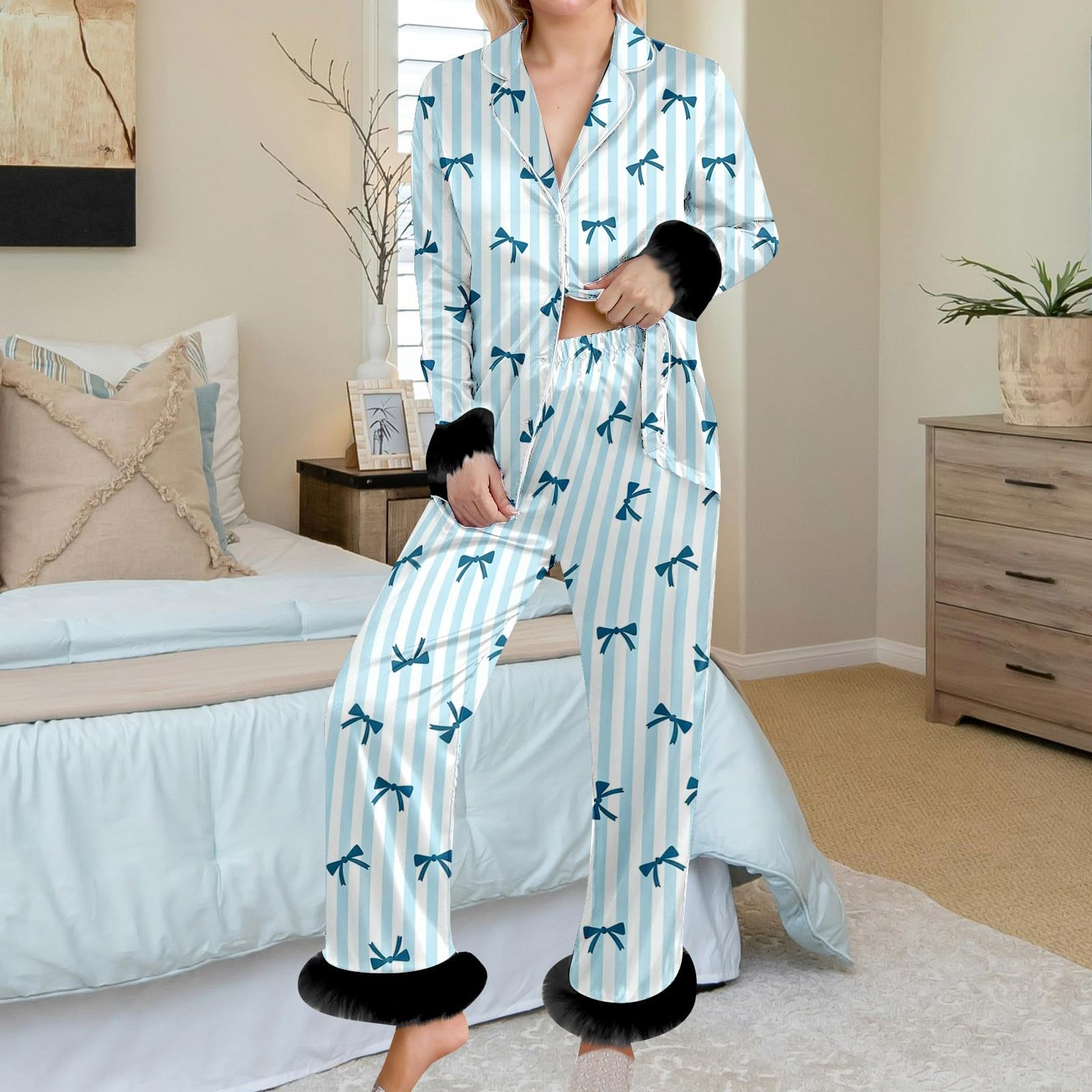 Pigiama da donna in raso, con stampa a maniche lunghe, camicia e pantaloni, due pezzi, con piume, casual, comfort, abbigliamento da casa, aperto sul davanti, tuta da notte comoda con orlo in piuma