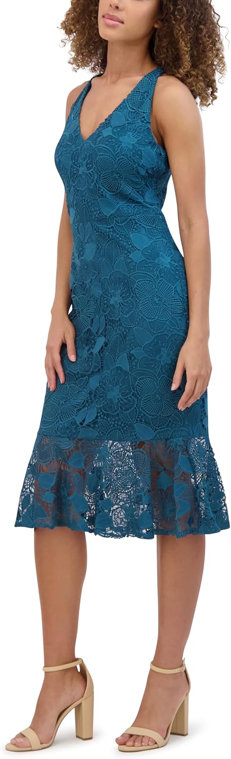 Siena Womens Sleeveless Halter V-Neck Floral Lace Sheer Trim Midi Dress - Image 3