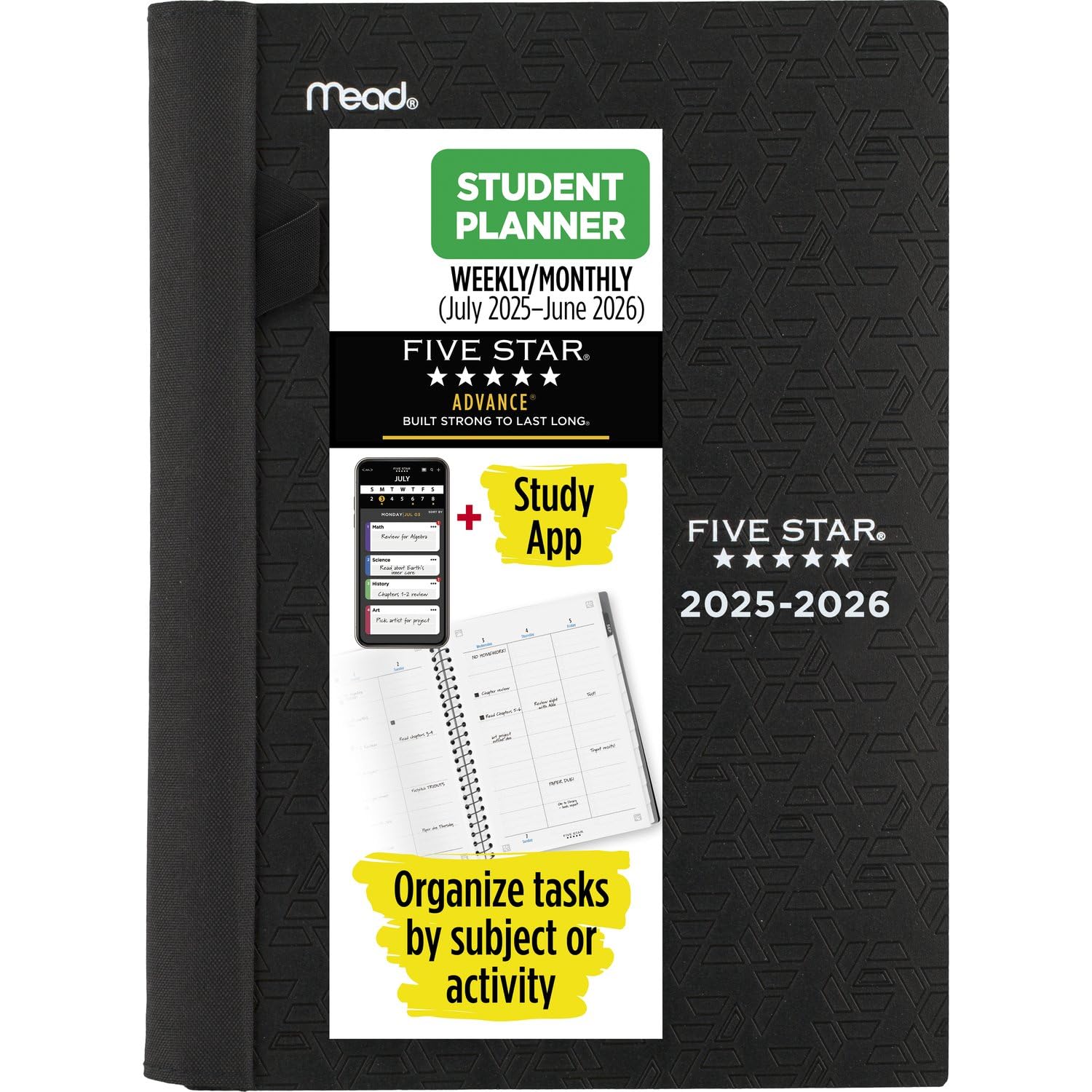 Five Star Planificador académico, semanal y mensual 2025-2026 con aplicación de estudio, 5-1/2 x 8-1/2 pulgadas, pequeño, negro (CAW45905)