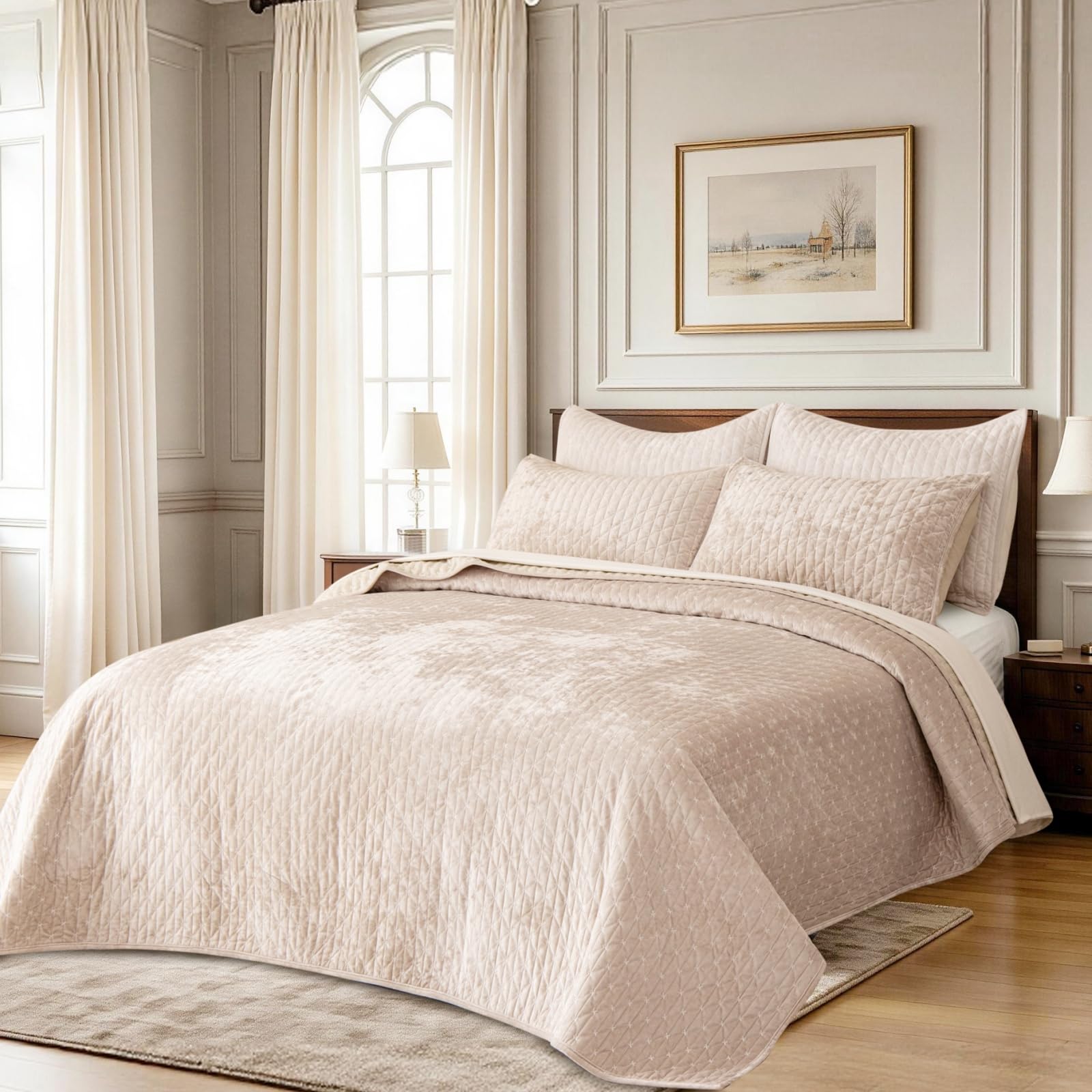 TAOTAOGO Velvet bedspread, 2 Shams, Oversized quilt, Beige 230x250cm