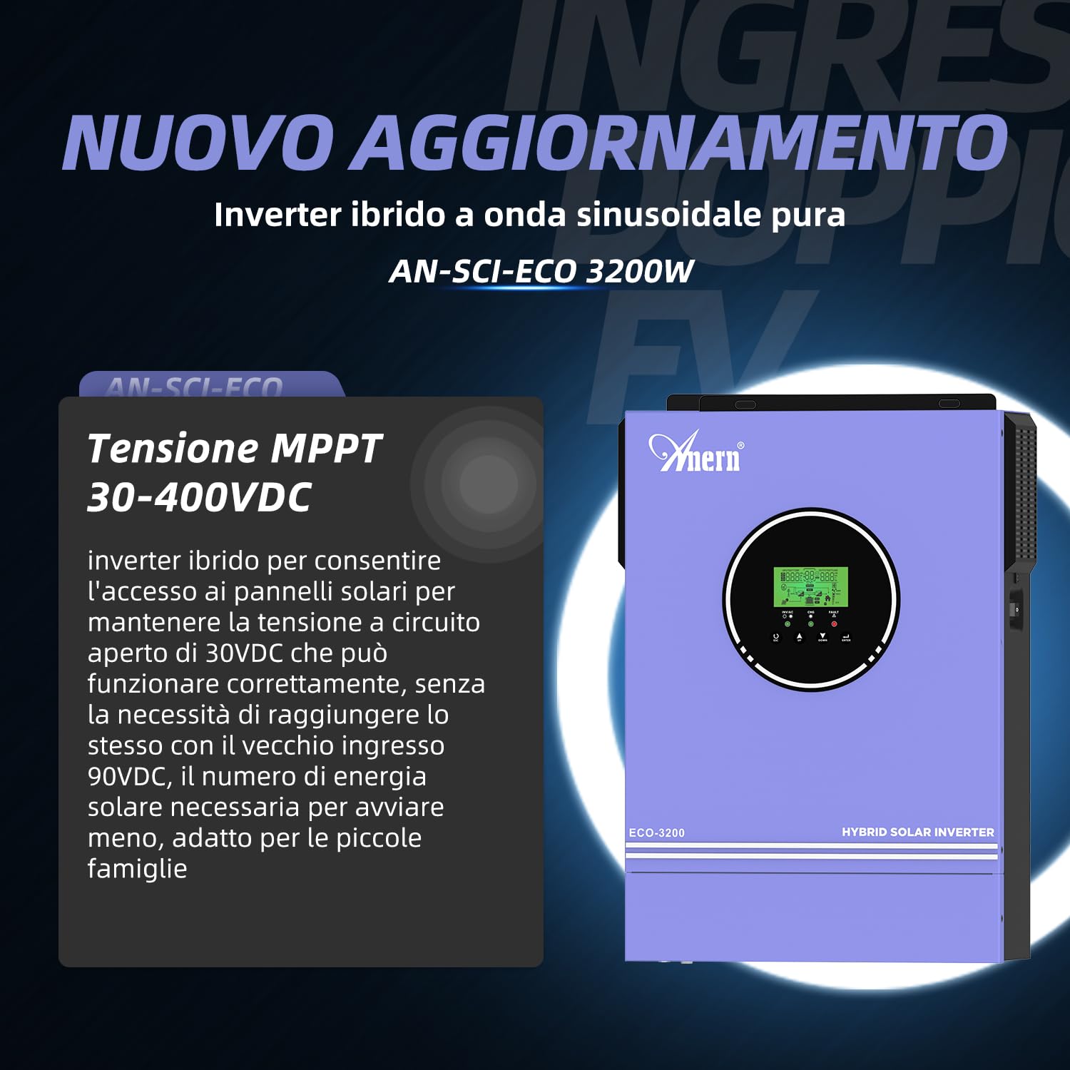 Anern Inverter solare ibrido da 3000W 24VDC a 220 V/230 VAC con regolatore solare 80A, ingresso PV max.400V, funzionamento con batterie al piombo da 24V e al litio