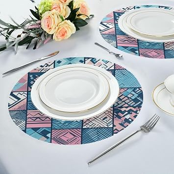 Boho Blue Pink Regular Texture round outdoor placemats plate waterproof plate mate 6 15.4x15.4in