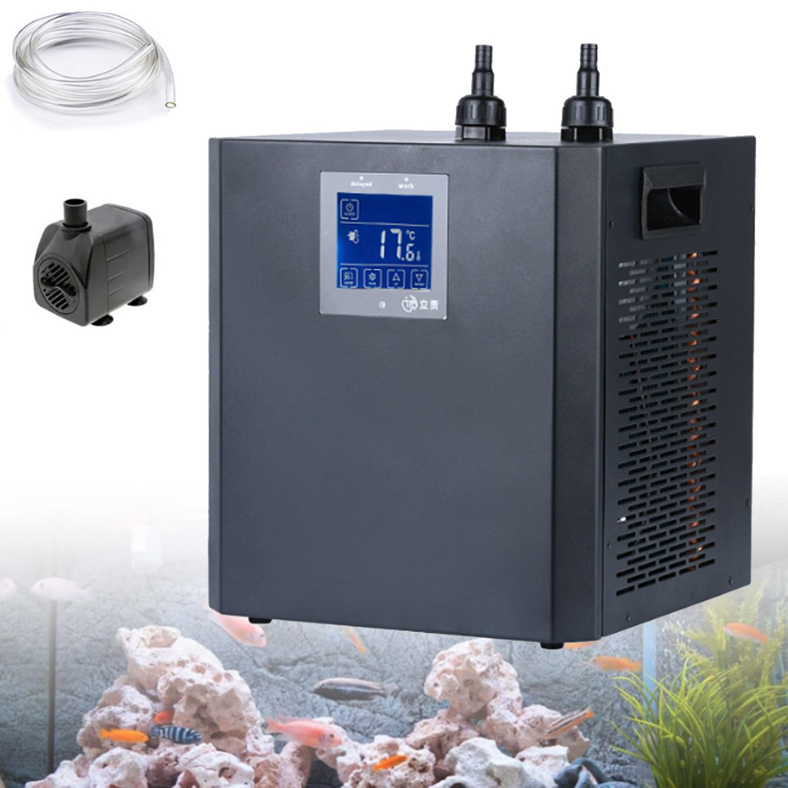 Oiyekntd Aquarium Chiller, 79gal 1/3 HP Water Chiller for Cold Plunge, Hydroponic Cooler Fish Tank Cooling System for Axolotl Coral Reef Shrimp with Water Pump and Pipe for Home Use