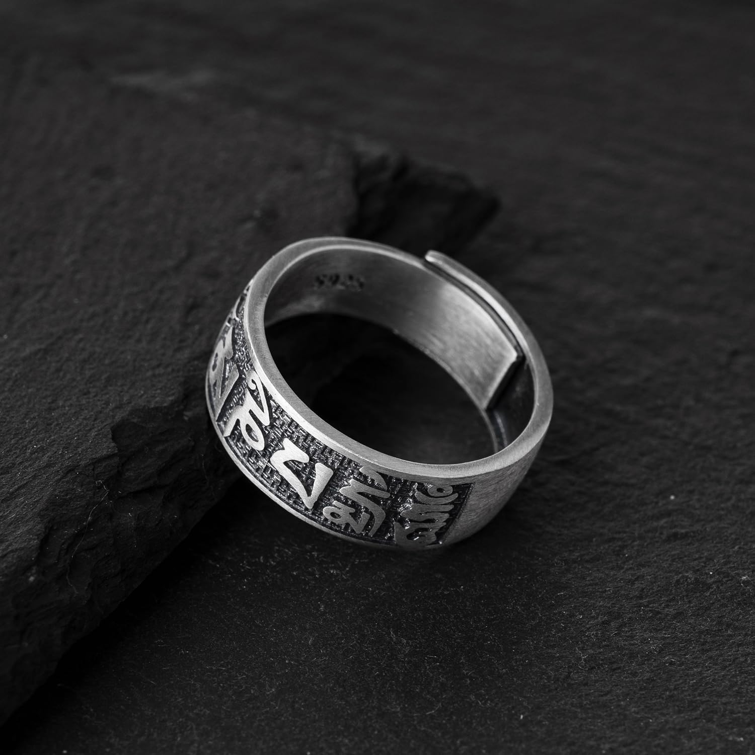 925 Sterling Silver Tibetan Buddhist Om Mani Padme Hum Mantra Ring Band for Men Women, 8mm Wide Open Rings Adjustable