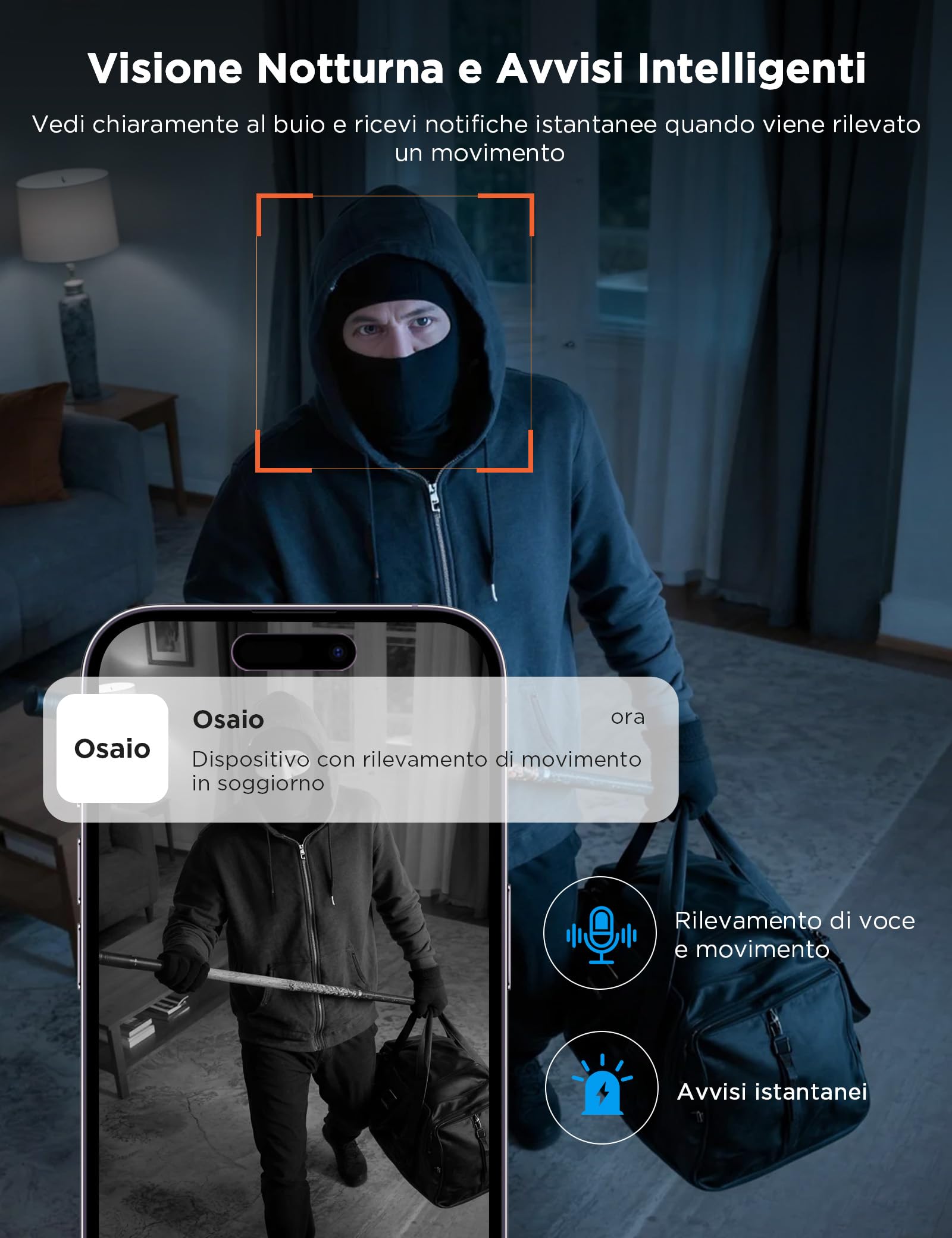 WOLFANG Telecamera WiFi Interno, Videocamera Sorveglianza 1080P, Visione Notturna, Audio Bidirezionale, Notifiche del Sensore di Movimento, scheda SD e archiviazione cloud, 360°, Confezione da 4