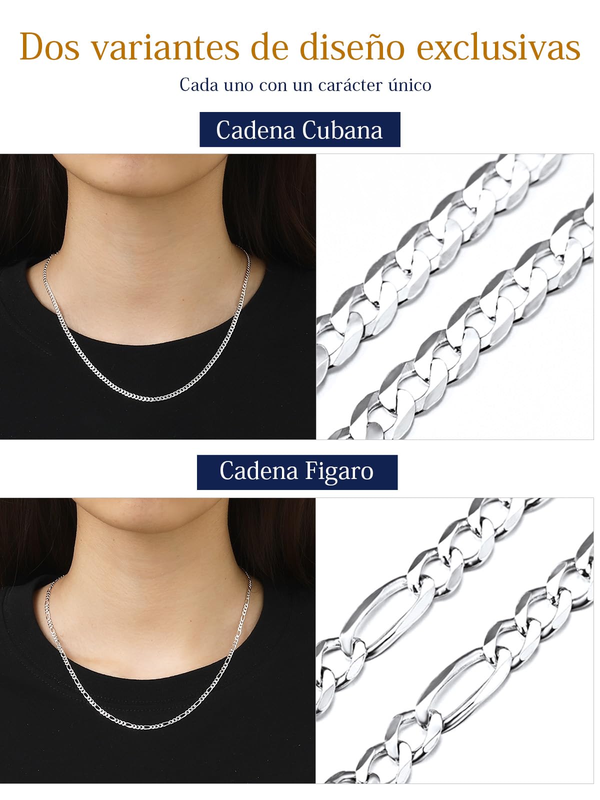 Suplight Cadena Plata Hombre Mujer, Plata de Ley 925 Collar Italiano de Cadena Cubana/Fígaro con Caja de Regalo, 3/5 mm Ancho 36/46/51/56/61/66/71 cm Largo, Joyería Hipoalergénica Básica