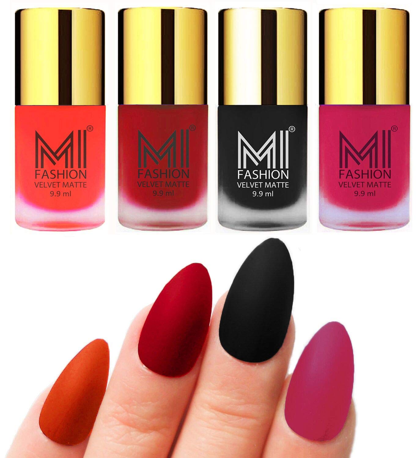 MI FASHION Modern Velvet Matte Lacquer Nail Paint Combos Endless Glam 9.9ml Each Orange, Tomato Red, Black, Pink (Pack Of-4)-image-5