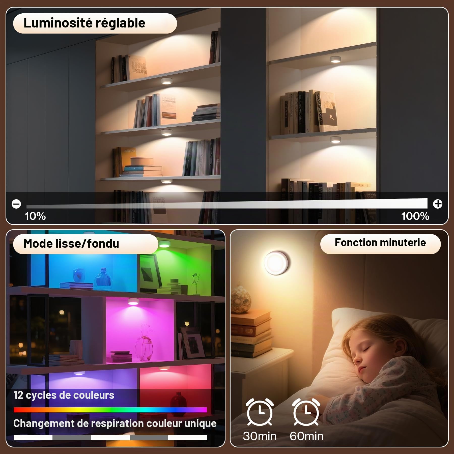 Cadrim Lampe de Placard Spot Led Murale Telecommande Sans Fil 3pcs Lampe Led Rechargeable,Lampe Led Sans Fil,Lampes Armoire,Luminosité Réglable,Veilleuse Pour Escalier Miroir Cuisine Vitrines Cabinet