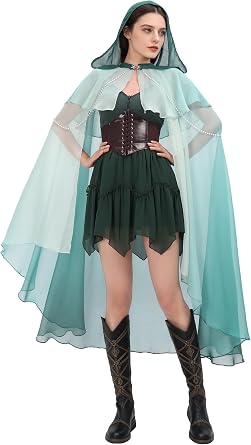 DAZCOS Women Green Fairy Hooded Cloak Gradient Chiffon Cape Detachable Pearl Chains Medieval Fantasy Cosplay Costume