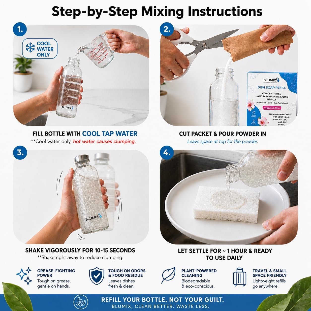 Dish Soap Refill Powder-to-Liquid Concentrate, Just Add Cool Water, Grapefruit Scent, 4 Packets Make 4 x 16 fl oz Bottles, Grease-Fighting, Plastic-Free (Grapefruit Scent) image 2