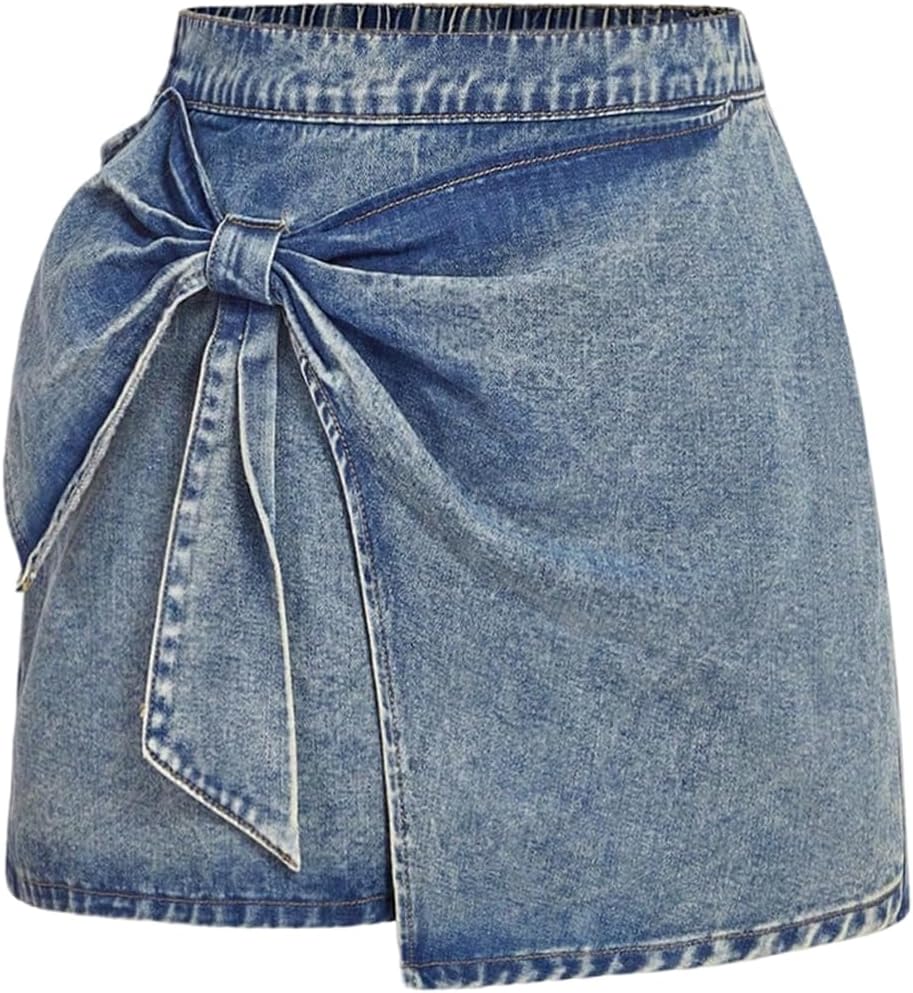 Floerns Women's Plus Size High Waist Denim Skirt Wrap Front Bow Bodycon Mini Skirt