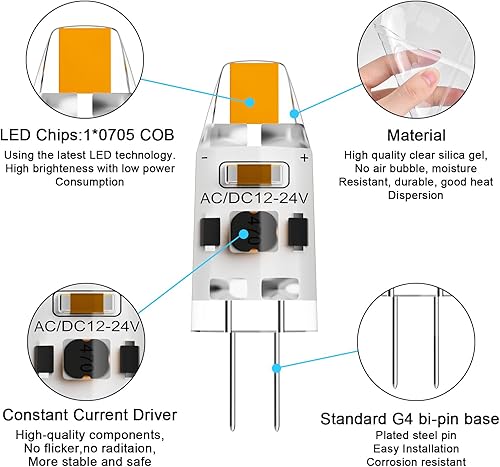 Miniatura 3 de Bombilla LED G4 de 1 W equivalente a 10 W T3 JC tipo Bi-Pin G4 bombilla halógena, ACDC 12V blanco cálido 3000K G4 bombilla para luz debajo del