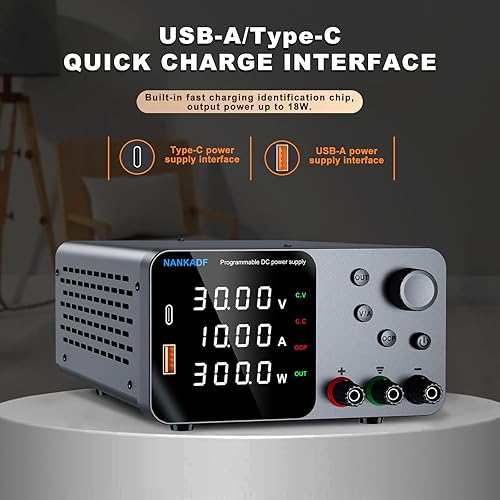 Miniatura 4 de Fuente de alimentación CC, fuente de alimentación de banco de 30 V 10 A con ajuste de codificador, carga rápida USB y tipo C de 5 V3.6 A, fuentes de