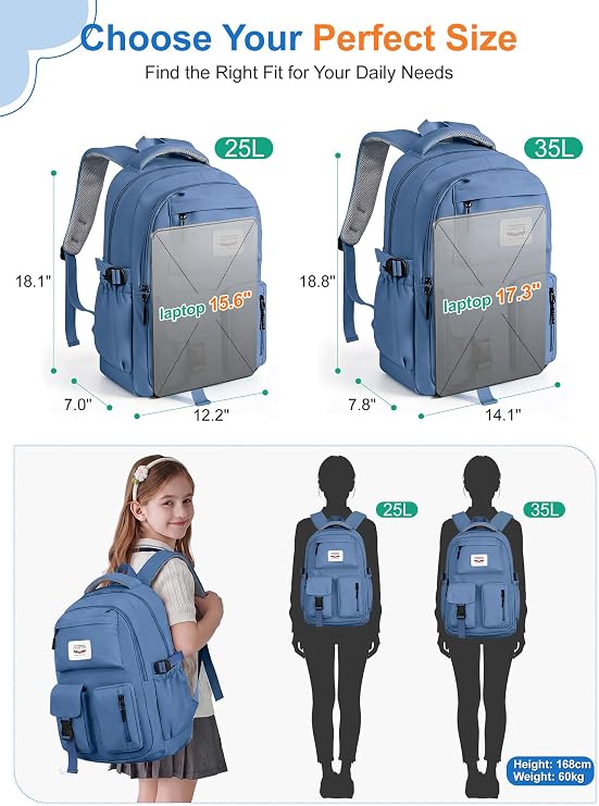 FIORETTO Lightweight School Backpack Womens, Cute School Bag for Teenager Girls, 15.6 Laptop Rucksack Backpack for School Casual Daypacks Travel Backpack for College Work Dark blue 25L
