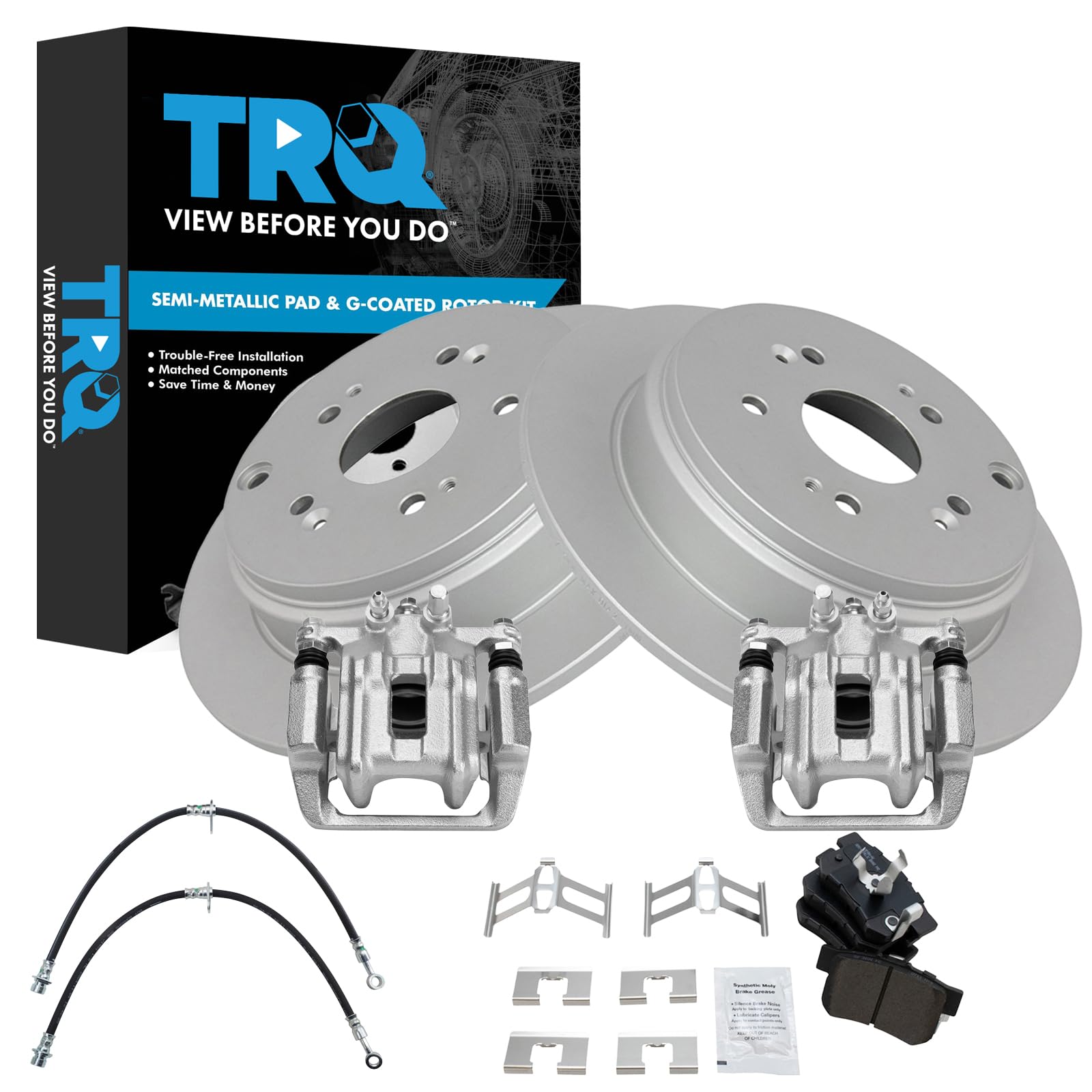 TRQ Rear Brake Pad &amp; Rotor Kit Semi-Metallic Premium G-Coated Compatible with 2010-2012 Acura RDX