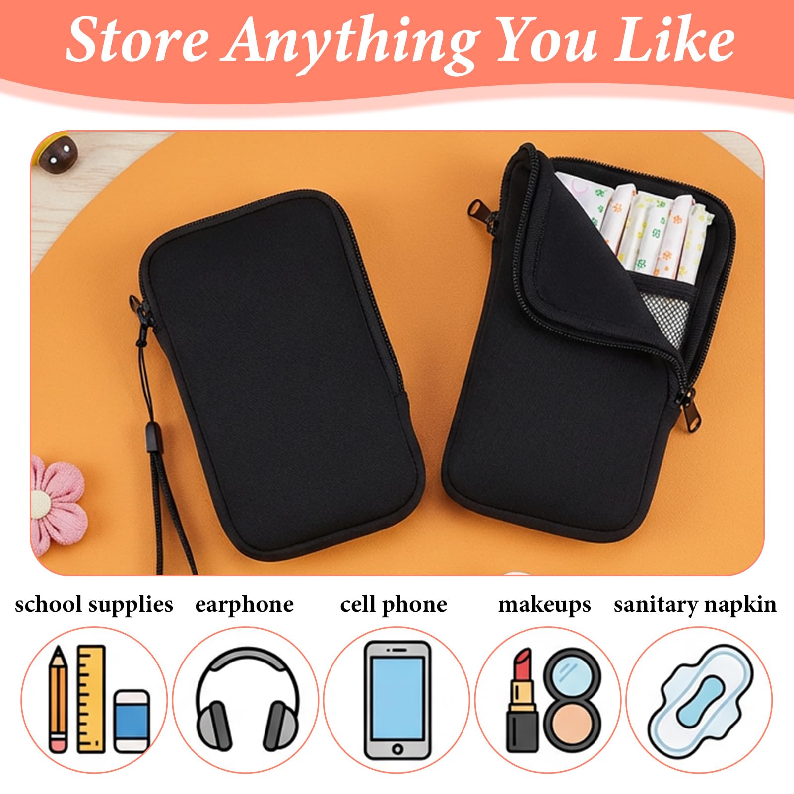 1 Pc Tampon Pouch, Portable Tampon Holder for Purse, Neoprene Tampon Bag with Strap, Travel Friendly Discreet Period Bag for Feminine Products, Waterproof Pad Bag, Black (Bag Only)