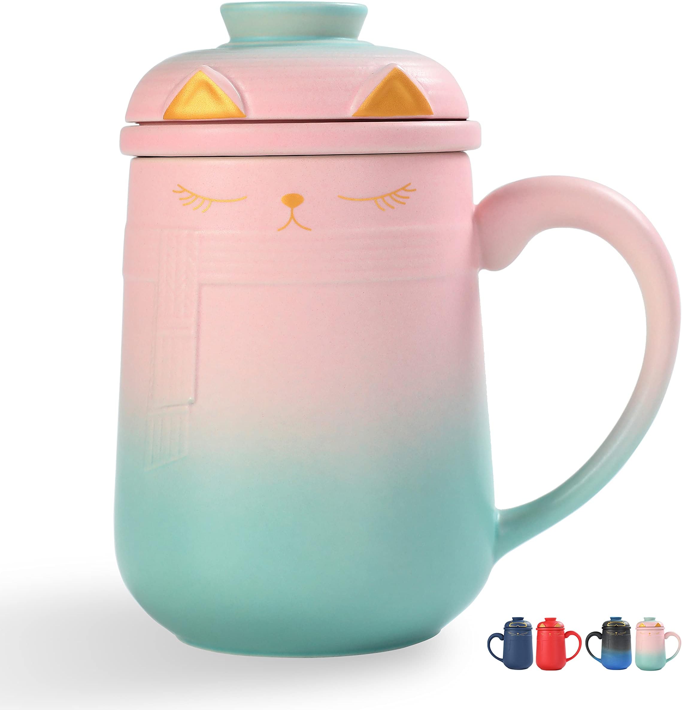 TEANAGOOCeramic Cat Tea Infuser Mug with Lid, 460 ML / 16 Oz, Gradient Pink to White, Cats and Tea, Large Japanese Ceramic Mug Set, Tea Mug With Lid, Tall Pottery Cute Japanese Mug With Lid & Handle