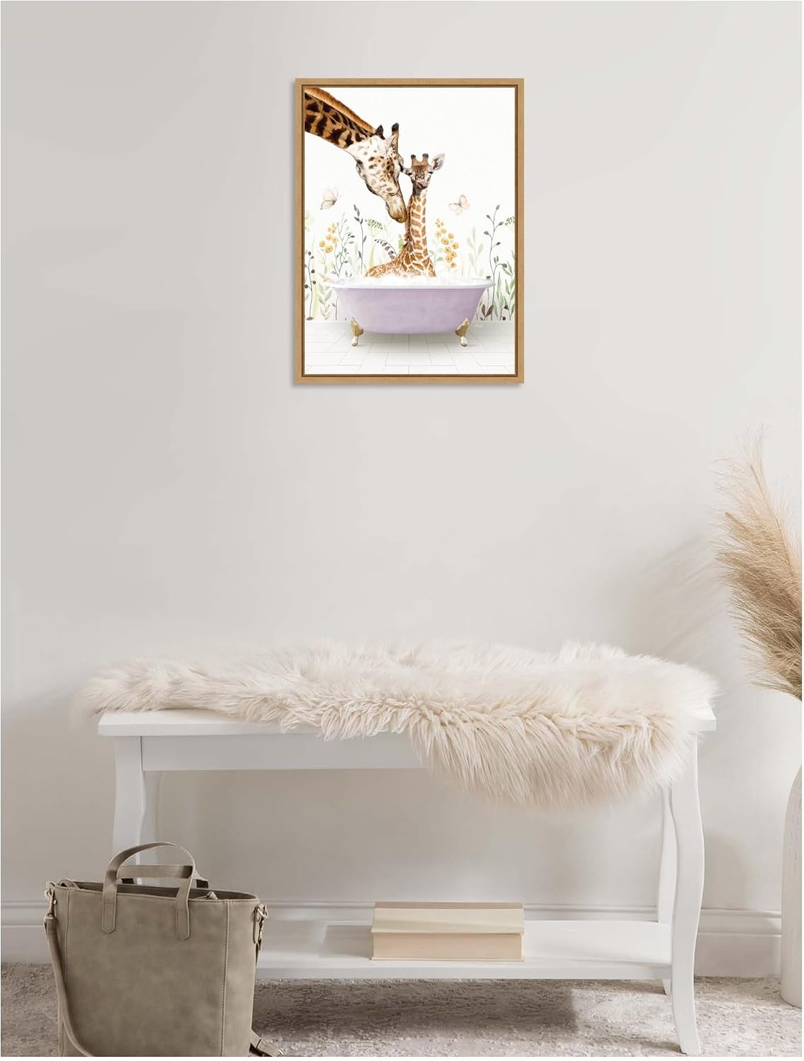 Kate and Laurel Mother and Baby Giraffe in Spring Bathtub Framed Canvas Wall Art by Amy Peterson 18 x 24 Sylvie Natural, Whimsical, Animals, Bathroom, Humor, Nature Art for Wall Decor, Living Room,