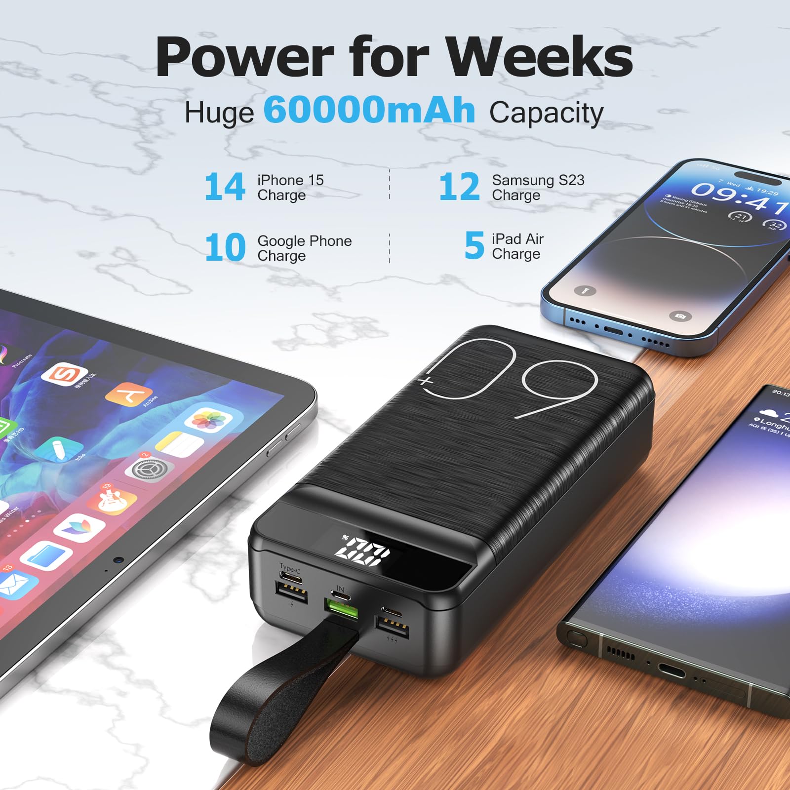 Power Bank 60000mAh 22,5W Schnellladung Tragbares Ladegerät USB-C Schnellladung mit 4 Ausgängen & 3 Eingängen LED-Display Riesige Kapazität Externe Akku für die meisten Elektronikgeräte auf dem Markt.