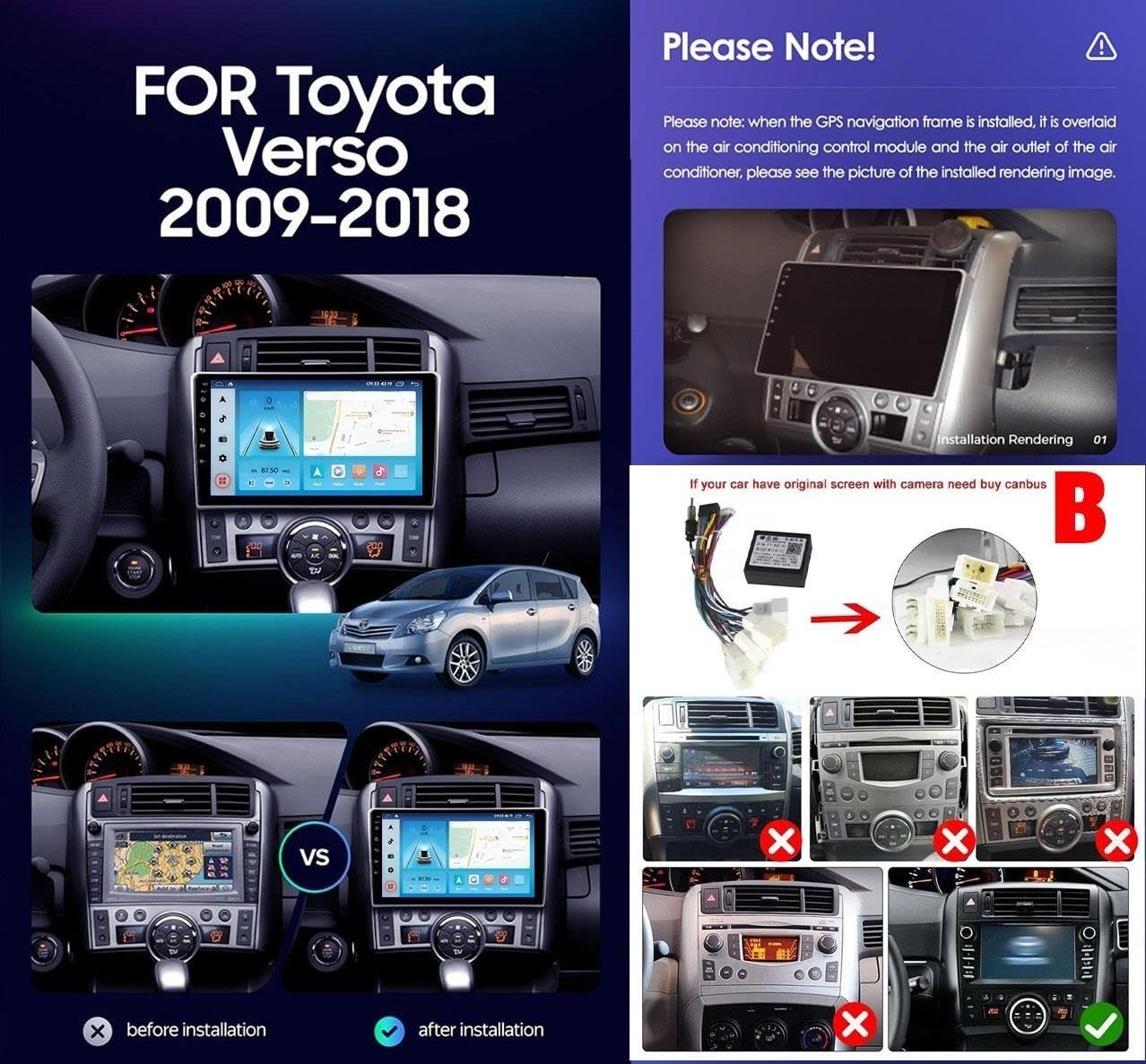 9 Pulgadas Android 16 Radio de Coche para Toyota Verso R20 2009-2018