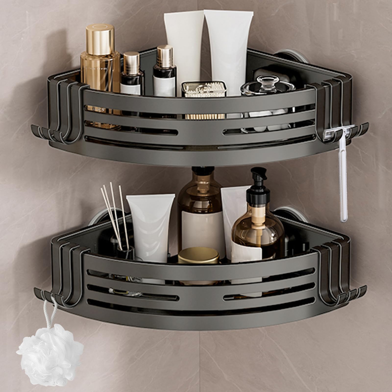 Lekesky Corner Shower Caddy Suction Cup, Corner Shower Shelf with Hooks, Bathroom Shelves No Drilling