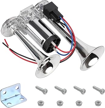 12V Car Air Horn, 120DB Dual Trumpets Super Loud Train Electric Horns with Compressor, Air Horns Speaker Kit Compatible with Cars SUVs Trucks Boats, Car Accessories Silver