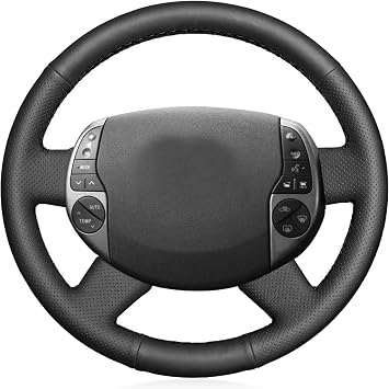 Black Genuine Leather Custom Fit OEM Hand Stitched Car Steering Wheel Cover for Toyota Prius 2004 2005 2006 2007 2008 2009 Accessories Black Leather,Black Thread