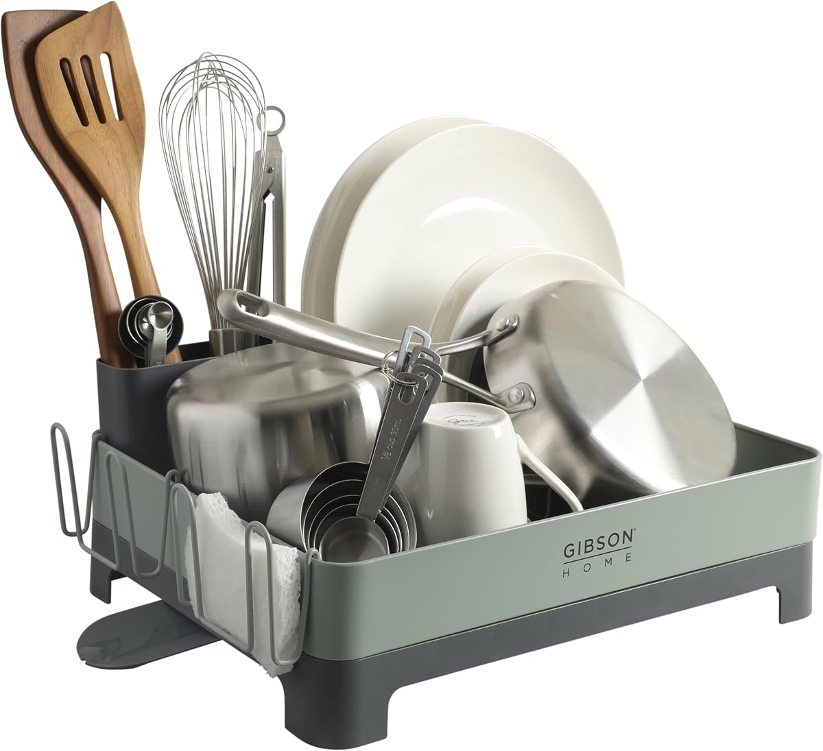 Gibson Home Nestcraft Full Size Rust Resistant Dish Rack with Drain Board and Flatware Caddy - Green
