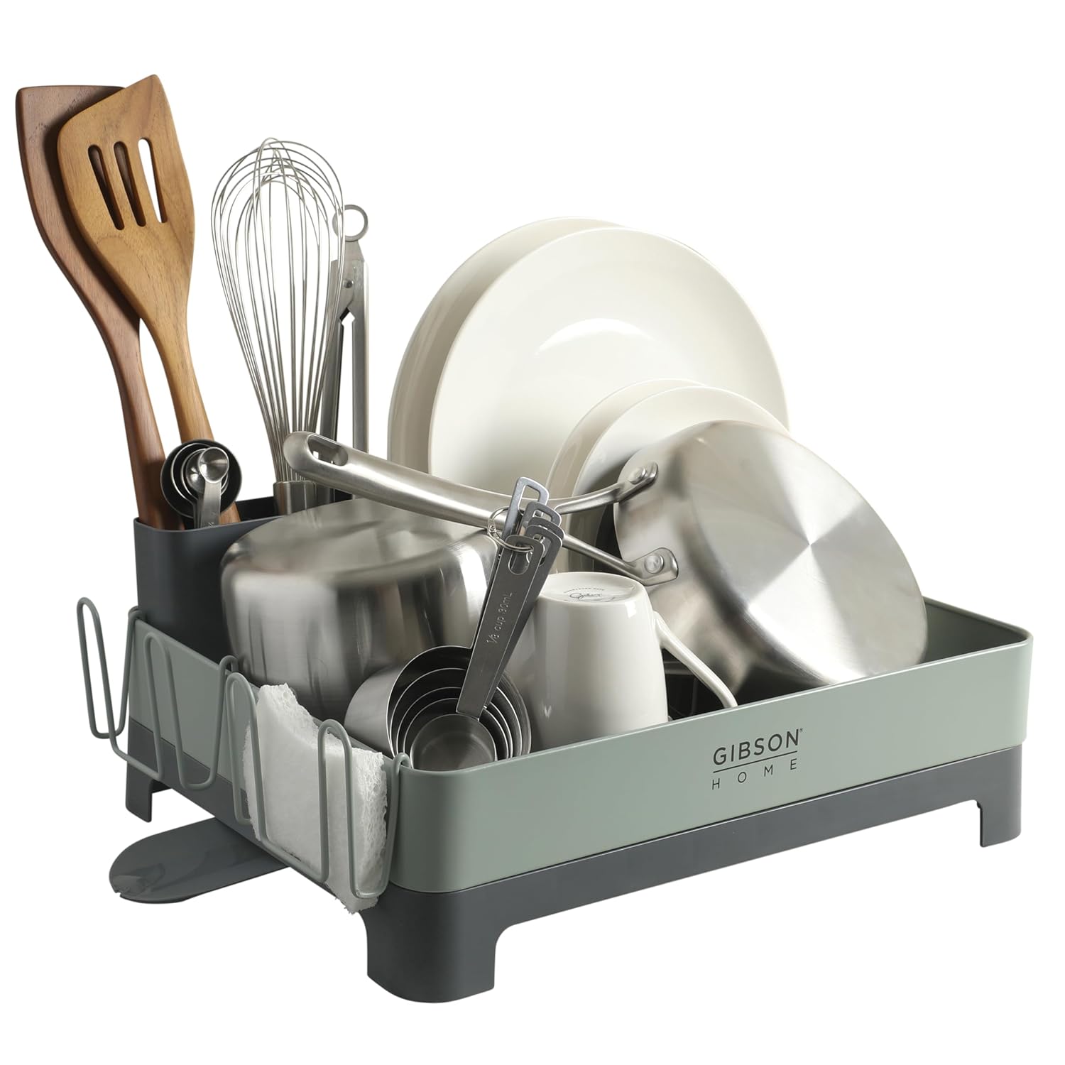 Gibson Home Nestcraft Full Size Rust Resistant Dish Rack with Drain Board and Flatware Caddy - Green