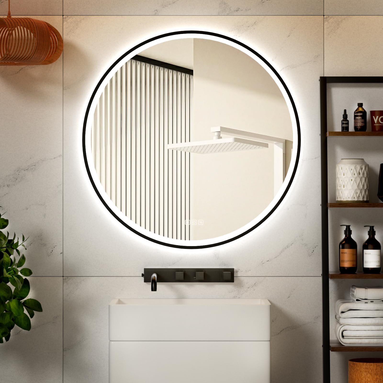 furduzz fuduzz Espejo de baño LED Circular, Marco Negro, Espejo de Maquillaje de 600 mm con luz, Espejo de Pared de iluminación antiniebla, función de Memoria, 3 Colores, Ajustable