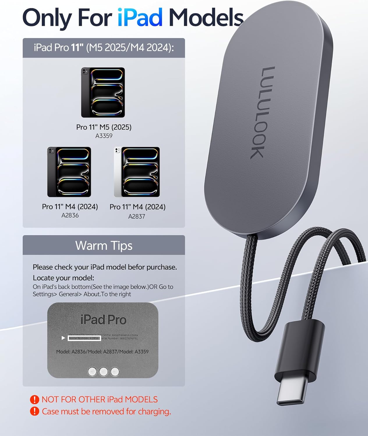 LULULOOK Magnetic Wireless Charger Cord for iPad Pro 11" M4/M5, 35W Aluminum Alloy Charger Fast Charing for iPad Pro 11 inch M5 with 6.5ft USB-C Cable