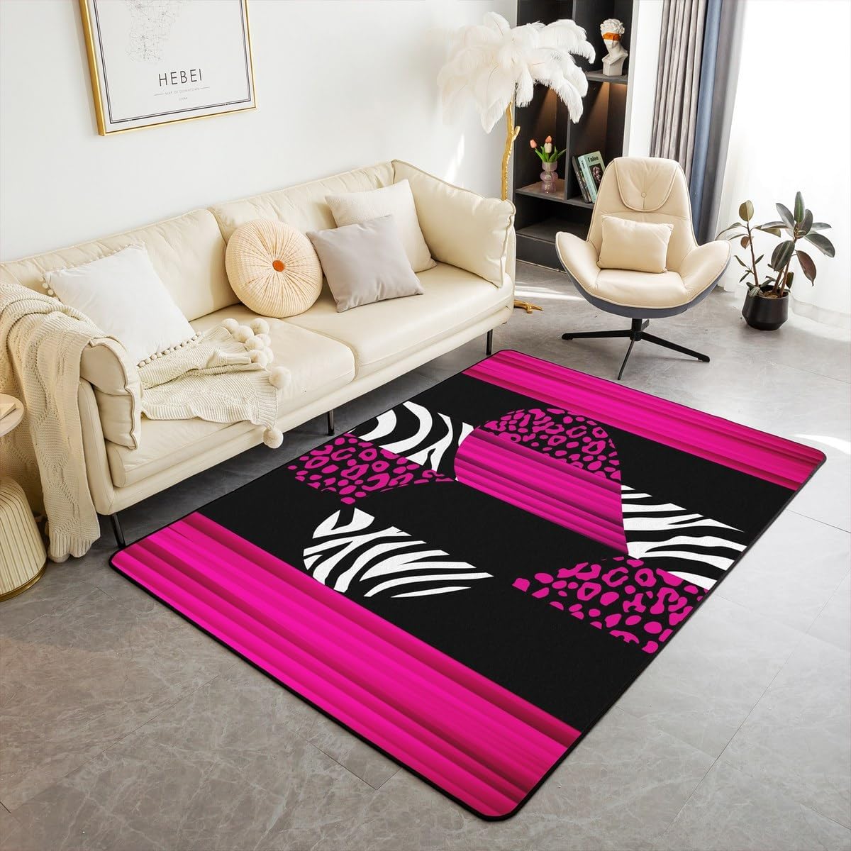Feelyou Leopard Living Room Rugs Area Rug 5x7 Kids Cheetah Animal Print Accent Rug for Boys Safari Zebra Indoor Floor Mat Non-Slip Hot Pink Sweetheart Geometric Decorative Rug