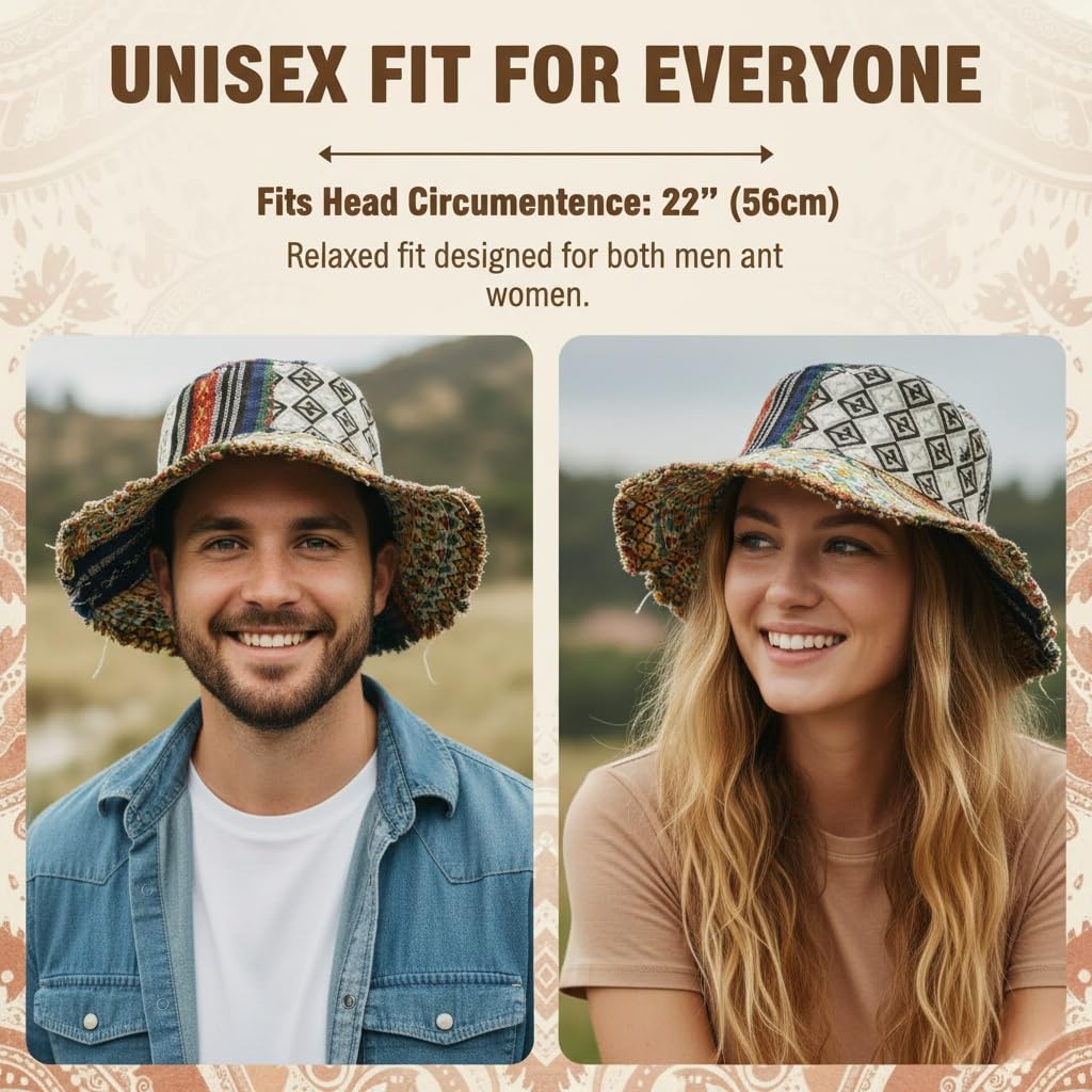 Frayed Patchwork Bucket Hat - One-of-A-Kind Style Multicolored Mushroom Hemp Hat for Women Men Beach Festival Wear 21.65 Inches