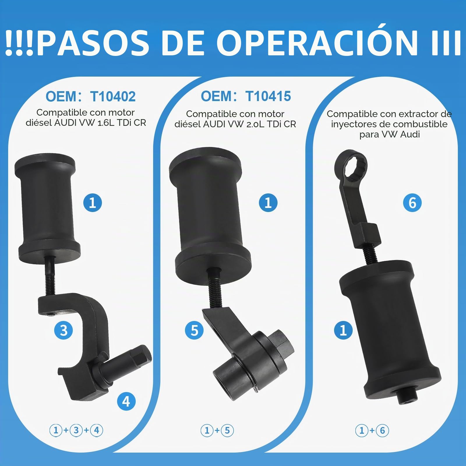 efuturetime 6 Pcs Extractor de Inyector Diesel Compatible con Audi VW VAG 1.6 2.0 TDi Motor Reemplaza T10402 T10415 con Martillo Deslizante y 5 Adaptadores