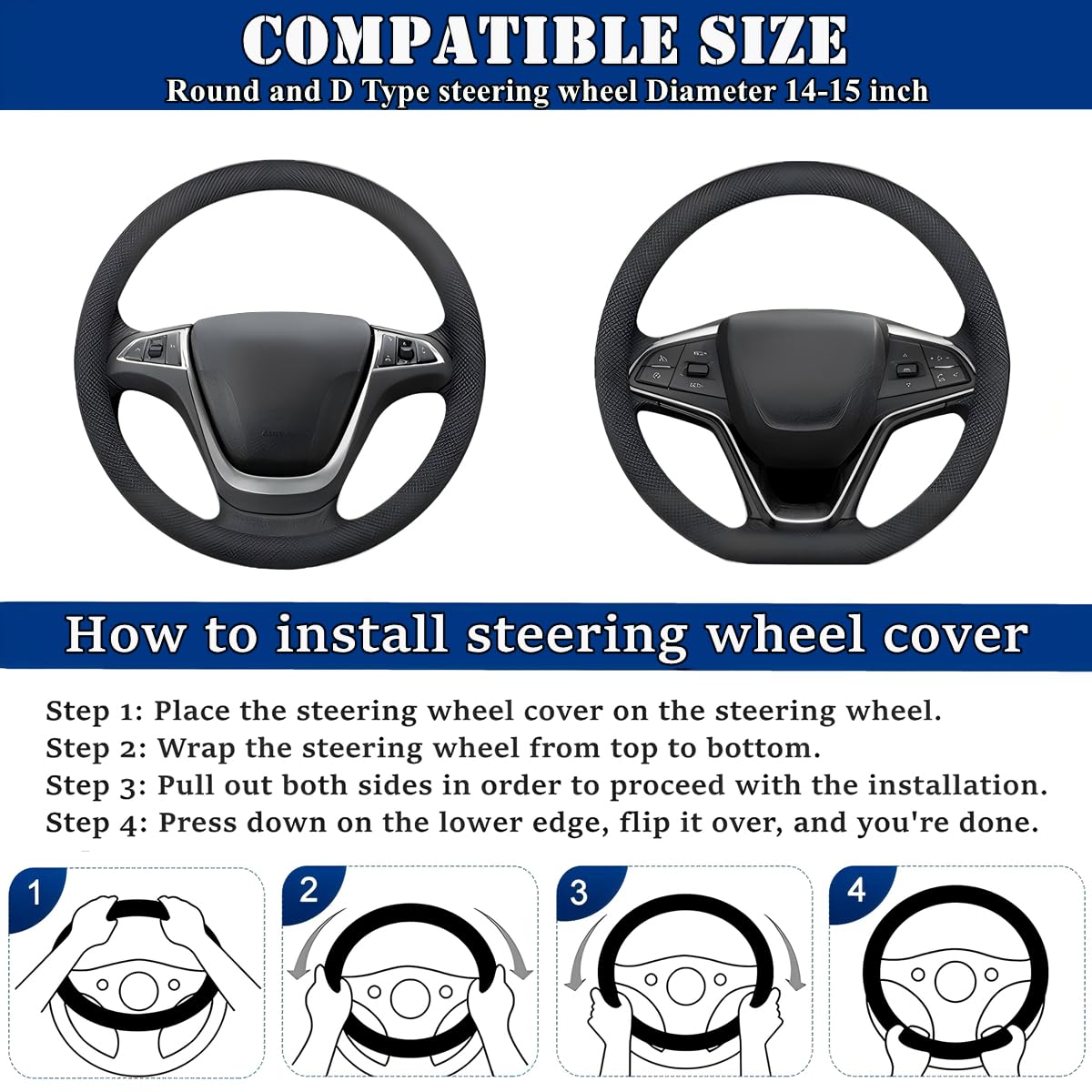 Soft Leather Car Steering Wheel Cover, Universal 15 Inch Colorful Rhinestones Anti-Slip Elastic Steering Wheel Covers for Most Cars, Sparkly Crystal Diamond for Women Girls (Black)