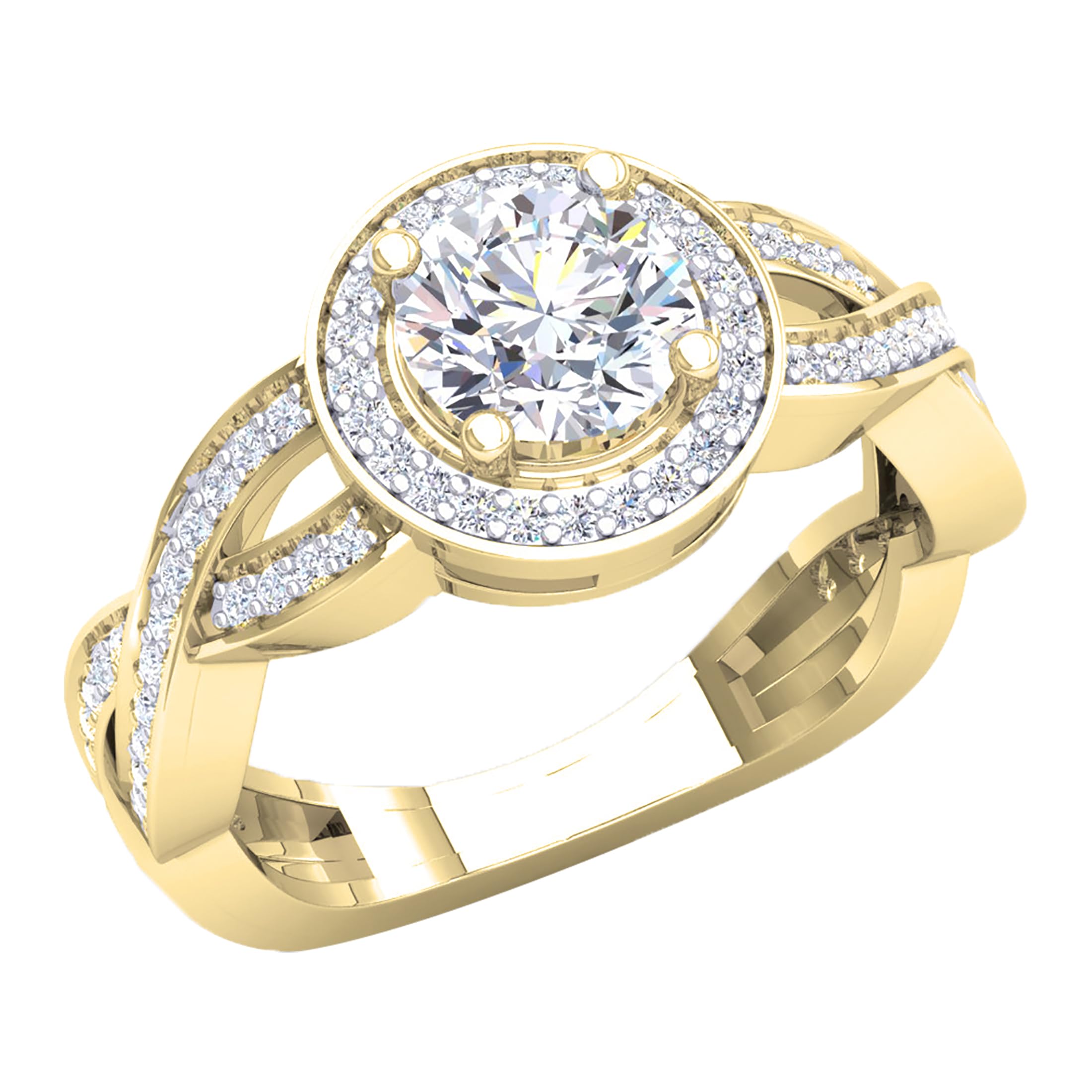 Dazzlingrock Collection Anello di fidanzamento da sposa in oro 14 carati con moissanite rotonda e diamante bianco, stile alone a spirale con gambo diviso, Oro giallo, Moissanite Diamante