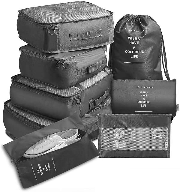 Travel Packing Cubes, Toifucos Multifunction 8pcs/Set Travel Cubes Luggage Organiser Waterproof Travel Compression Suitcase Bag Travel Essential Bag, Black